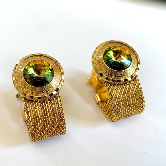 Vintage Gold Tone Mesh Wrap Cufflinks Watermelon Ravioli Rhinestone Nu Lok - Picture 4 of 12